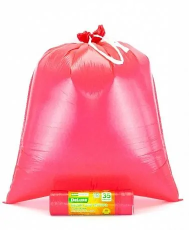 Мешки для мусора с завязками 35 л, 30 мкм, 10 штук, ПCД, красные, для тяжелого и острого мусора прямое дно + ленты для затягивания - Вид 2